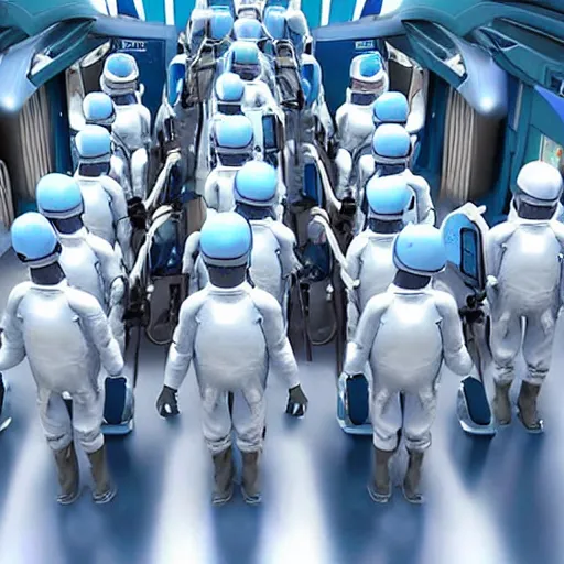 Image similar to troop of 1 2 0 - year - old grannies with white bob hairdos, tight light blue neopren pilot suits, futuristic cloning facility, sci - fi, highly detailed, cinematic