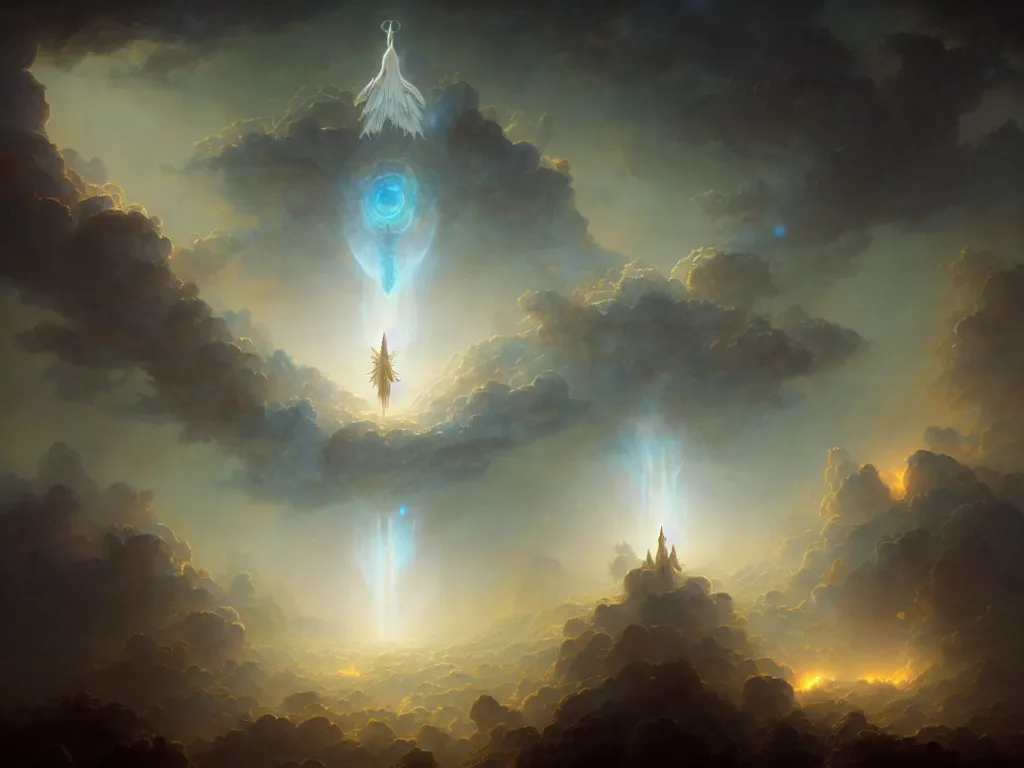 Image similar to ultra detailed matte painting of a celestial army of angels within the cosmic clouds by greg rutkowski and peter mohrbacher, volumetric lighting, depth of field.