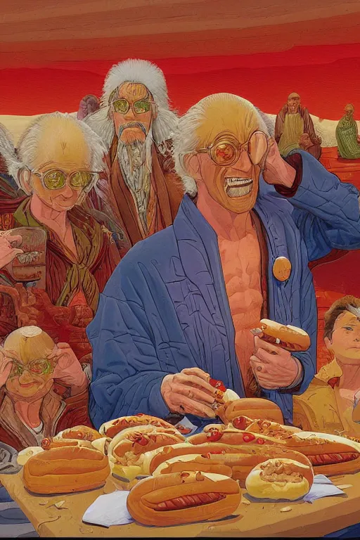 Image similar to an original jean giraud digital art painting of a religious decree prohibiting the consumption of hot dog buns