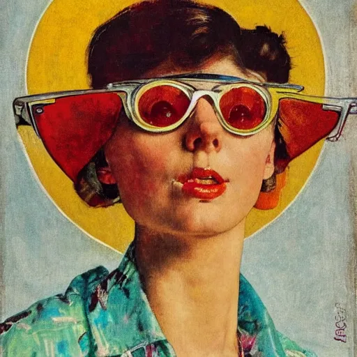 Prompt: a Norman Rockwell painting of a beautiful woman wearing brightly colored cheap sunglasses