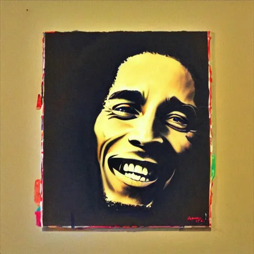 Image similar to Street-art portrait of Bob Marley in style of Banksy, photorealism