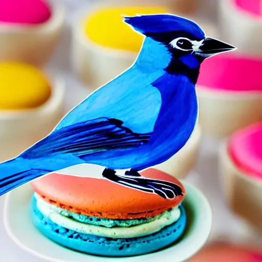 Image similar to A photograph of a (photorealistic blue jay) standing on a large basket of rainbow macarons.