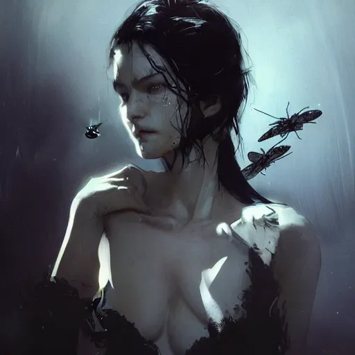 Image similar to portrait of a woman with black hair and insects coming put of her skin, dramatic lighting, illustration by Greg rutkowski, yoji shinkawa, 4k, digital art, concept art, trending on artstation