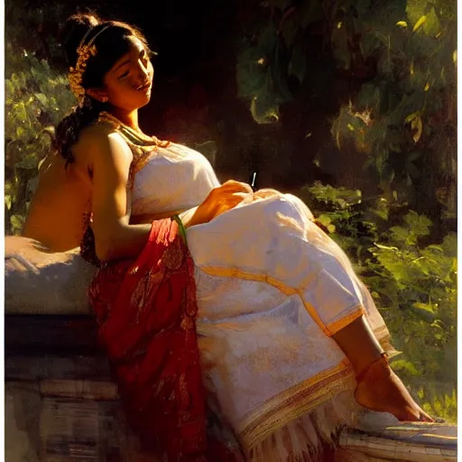 Image similar to detailed portrait of sri lankan girl smoking joint, girl graceful, eyes closed, painting by gaston bussiere, craig mullins, j. c. leyendecker