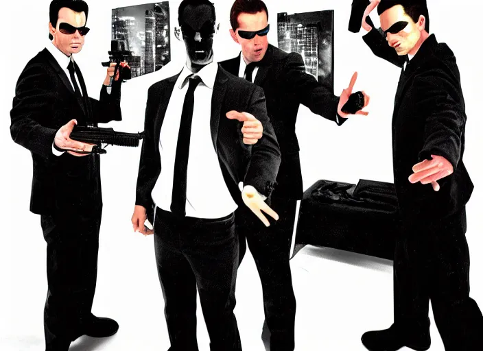 Prompt: portrait of tommy tallarico dressed as agent smith from the matrix surrounded by multiple tommy tallarico dressed as agent smith from the matrix with matrix filter