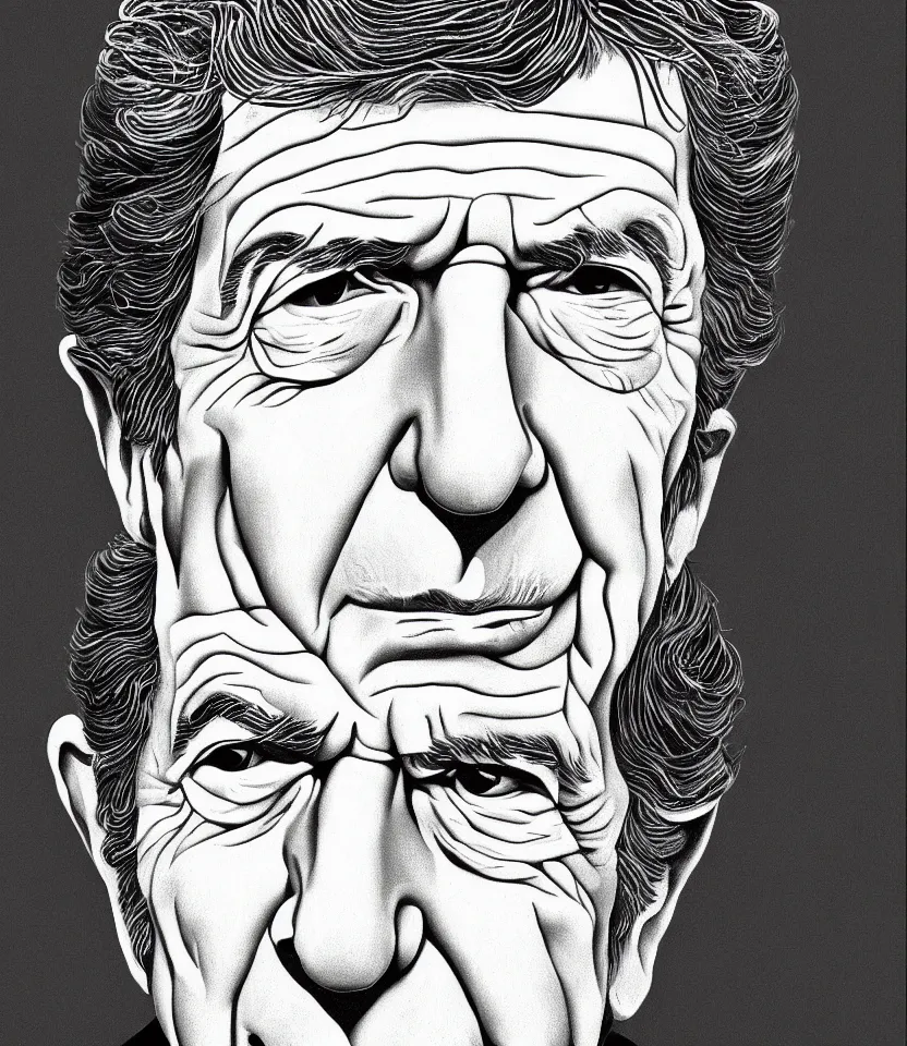 Image similar to detailed line art portrait of leonard cohen. caricatural, minimalist, bold contour lines, musicality, soft twirls curls and curves, confident personality, raw emotion