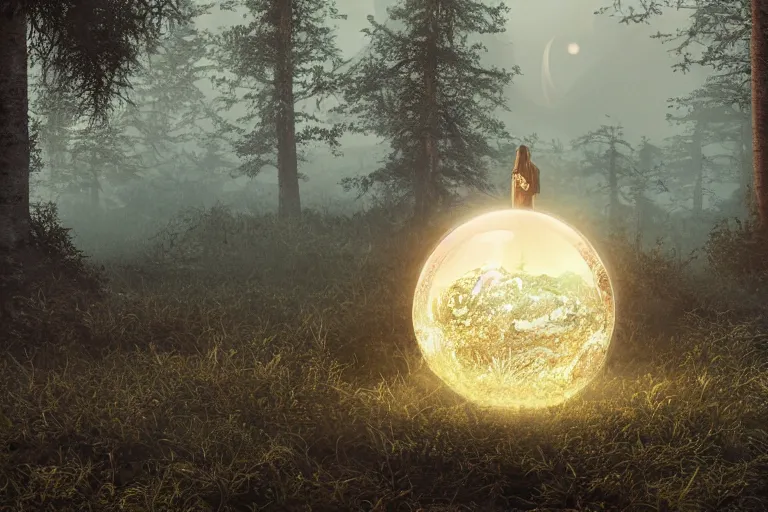 Prompt: a detailed RPG portrait of a glowing orb floating over a reflective pond in a barren forest by escume, night, mist, octane render, deviantart