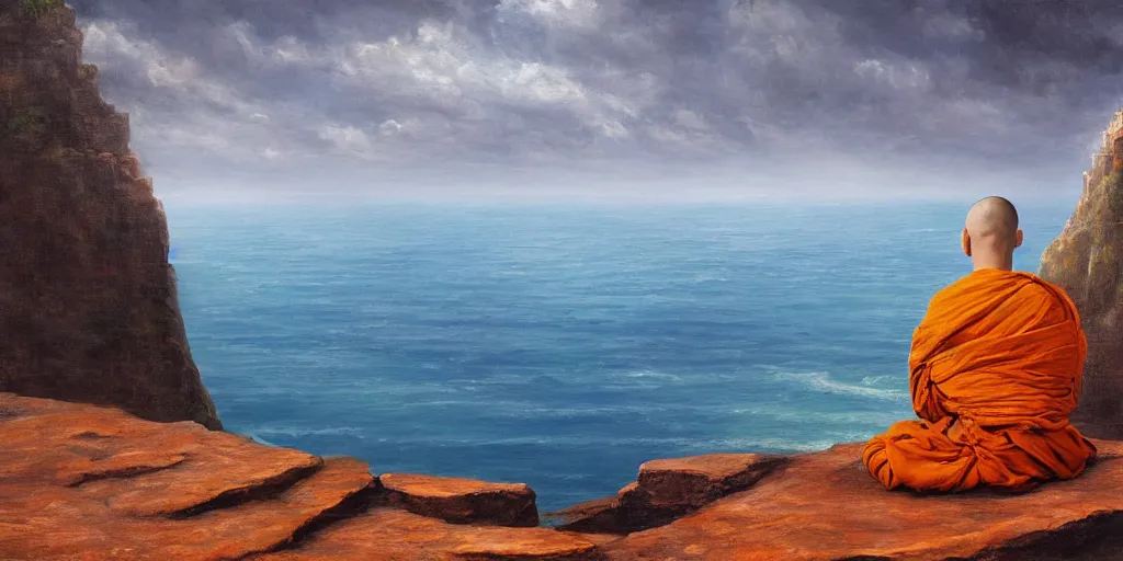 Prompt: A cliff with a narrow ledge looks out onto a vast ocean a monk sits on the ledge in the lotus position, cinematic lighting, detailed oil painting, hyperrealistic, 8k