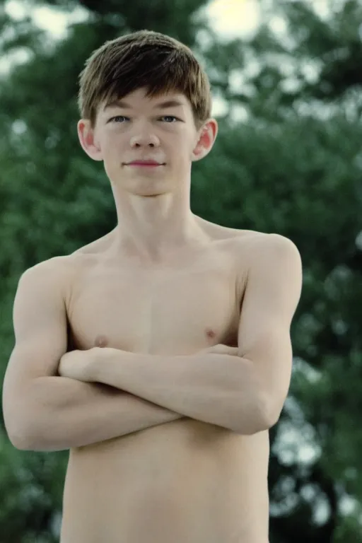 Image similar to close up still shot of jacob lofland standing on the diving board, summer olympics footage, 3 5 mm, highly detailed, color photo, cinematic lighting, symmetrical, center
