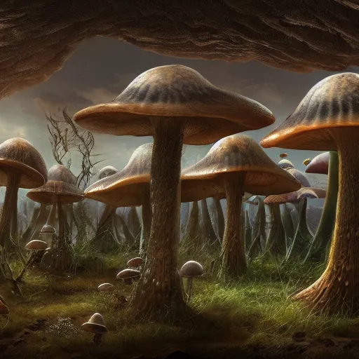 Image similar to eldritch shore scientists take their first steps on a strange alien planet full of mushrooms and other complex fungi, 8 k resolution matte painting trending on artstation an