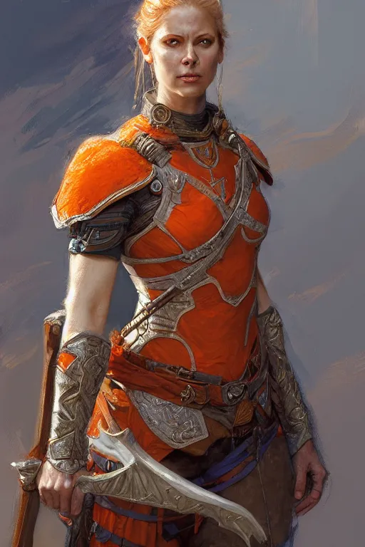 Image similar to full - body portrait of a ranger, female, white and orange breastplate, magical, high fantasy, d & d, by donato giancola, craig mullins, jeremy mann, face details, extremely detailed, digital illustration