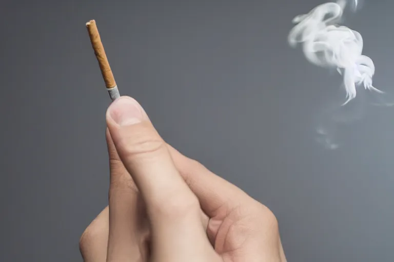 Image similar to Close-up of thin soft hand holding cigarette with smoke, hyper realistic, high details, photo, super resolution