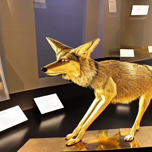 Image similar to a golden coyote, displayed in a museum