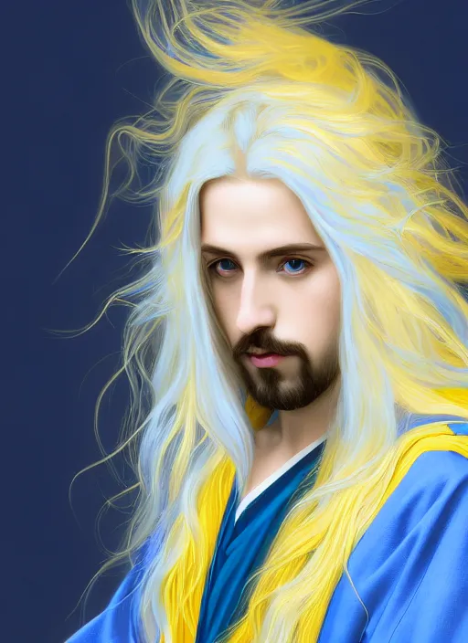 Image similar to card art portrait of a young man wizard with long white hair wearing blue and golden robes, long white hair, blue and golden robes, detailed robes, intrincated design, makoto shinkai, very detailed, matte, tonemapping, bbwchan, perfection, 4 k, william - adolphe bouguereau