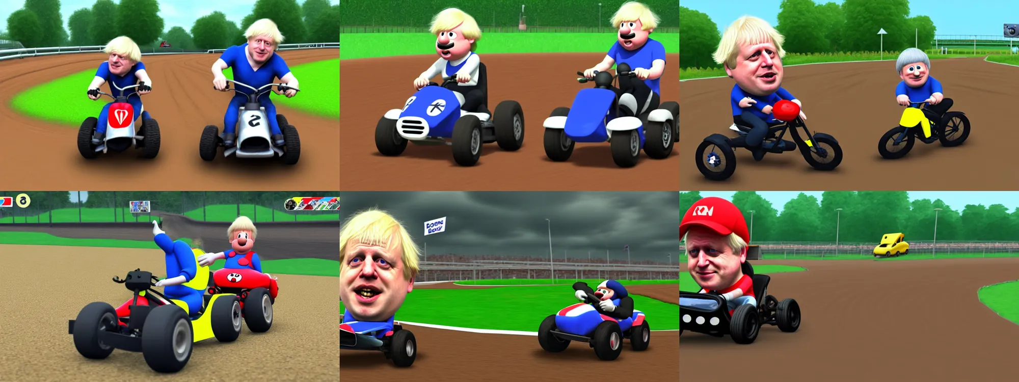 Prompt: Boris Johnson as a character in kart. Dirt track, rainy day. Nintendo Switch