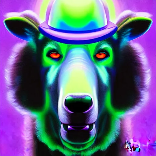 Prompt: pixar character, wolve in sheep's clothing, neon accents, holographic colors, desaturated headshot portrait digital painting by leyendecker,