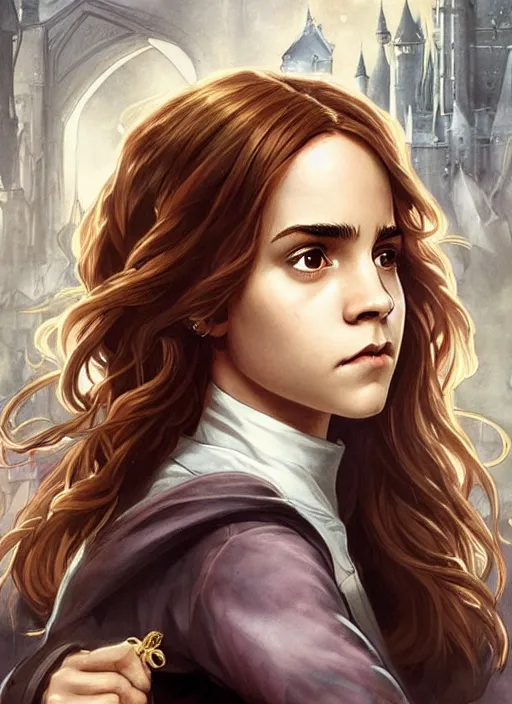 Prompt: hermione! granger! at hogwarts!!!! by emma watson. beautiful detailed face. by artgerm and greg rutkowski and alphonse mucha