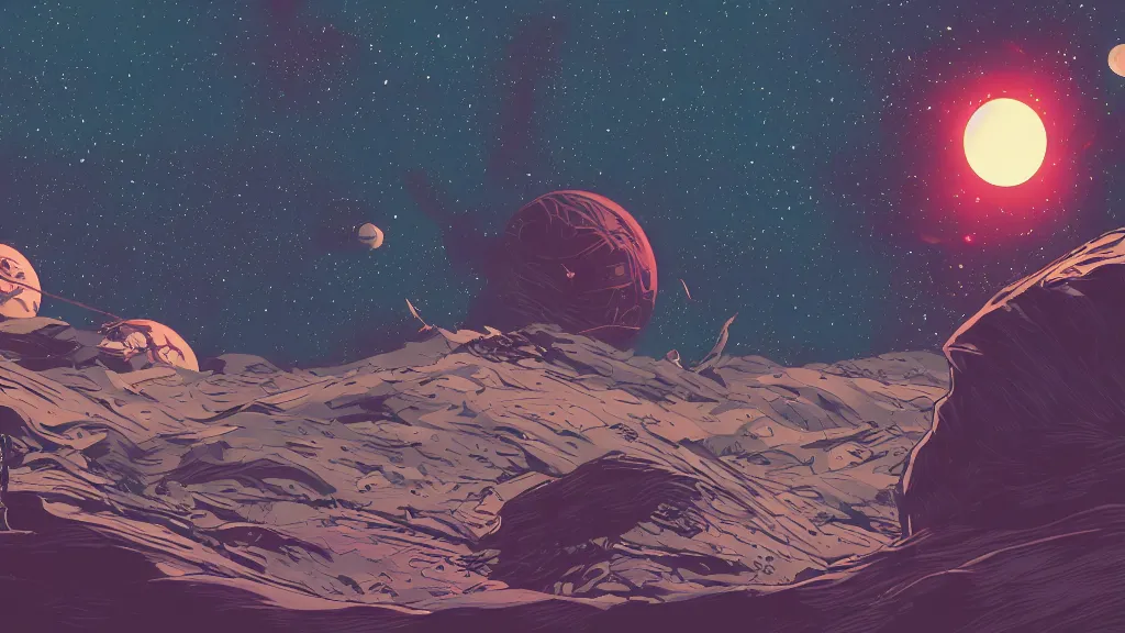 Image similar to very detailed, prophet graphic novel, ilya kuvshinov, mcbess, rutkowski, simon roy, illustration of a space junk floating in space around a dead planet, wide shot, colorful, deep shadows, astrophotography