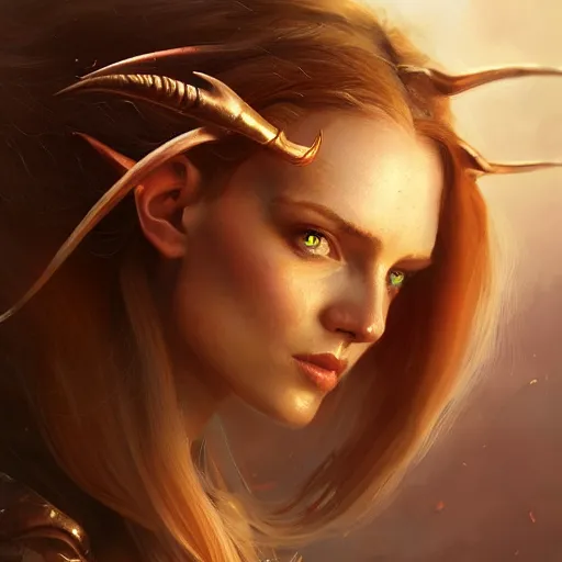 Image similar to A head-on detailed oil fantasy portrait of a pretty elf woman with subtle copper horns on her forehead, long blonde hair and bright copper irises, by greg rutkowski, trending on artstation, dungeon and dragons art