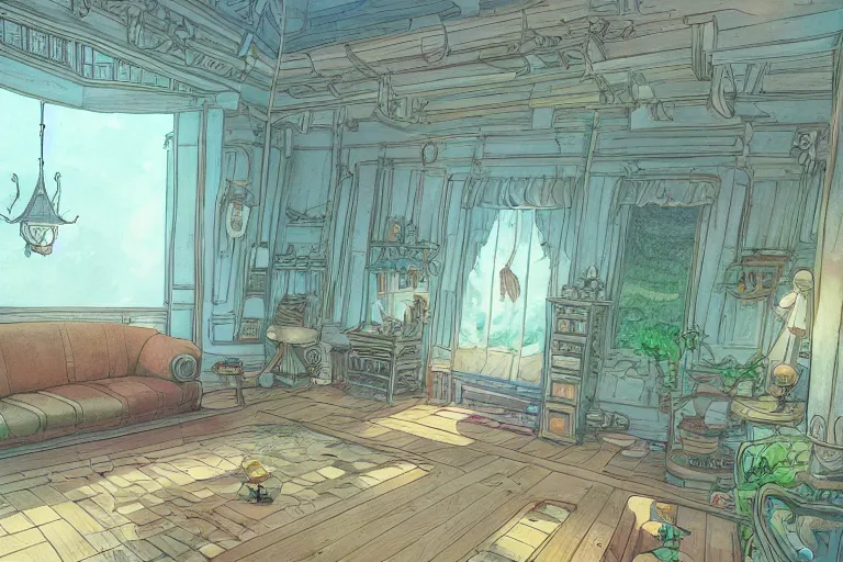 Prompt: interior wide angle shot of a fantasy coastal villa in the style of studio ghibli, moebius, makoto shinkai