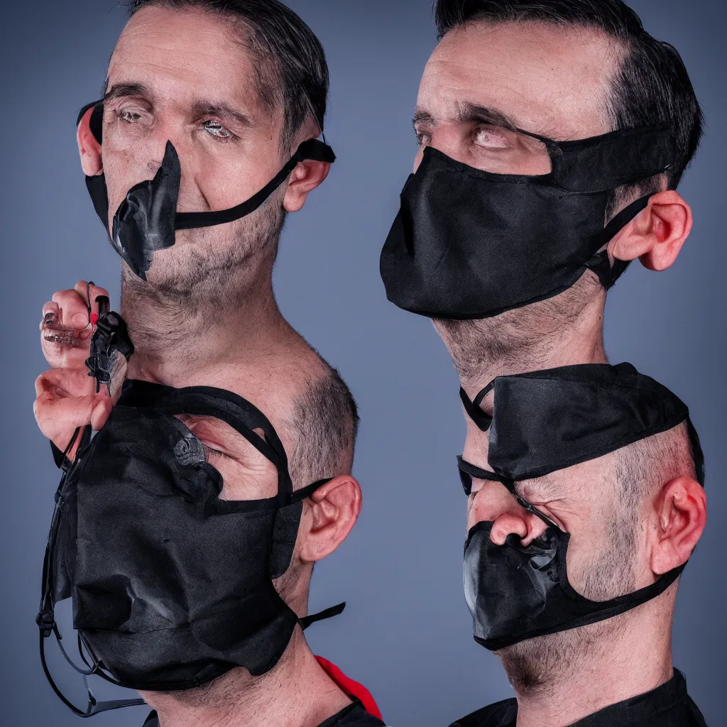 Image similar to a man in a black medical mask, dark hair undercut, red and blue rimlight, black background portrait