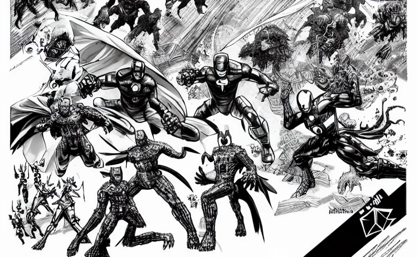 Image similar to black and white avengers fights with marvel monsters, isometric, by tsutomu nihei