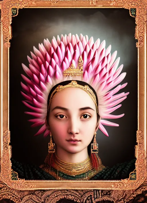 Prompt: stunning afgan godess princess, detailed pink and white protea head peace against a black backdrop by ivan aivazovsky, 3 / 4 view portrait, wlop, super sharp details, photorealism, canon 5 d, 5 0 mm lens, stunning photoshot, beautiful soft lighting, muted colours, artstation