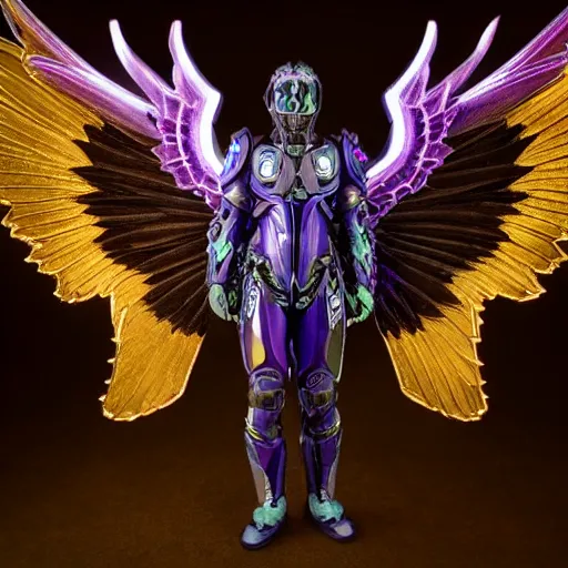 Prompt: a photo of 8k ultra realistic archangel with 6 wings, full body, intricate purple and blue neon armor, ornate, cinematic