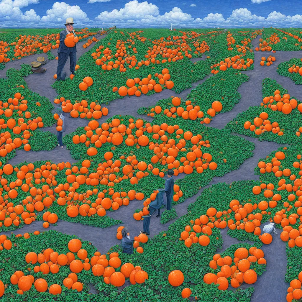 Image similar to a orange strawberry field seen by far in a car riding by, by Rob Gonsalves