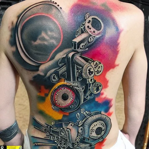 Image similar to backside on the shoulders is a tattoo of a 3 d hole in the skin with multicolored tubes and robotic mechanics and computerparts inside under the skin, insanely integrate,