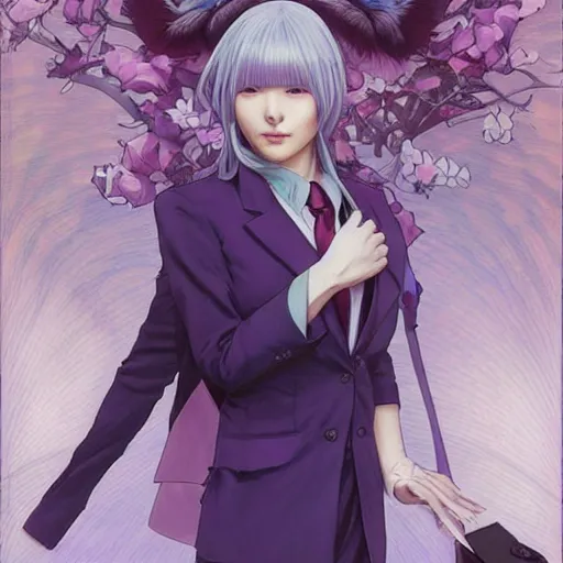 Image similar to kyoko kirigiri!!!!!!!, a japanese girl with pale!! lavender hair and a purple suit jacket, portrait by artgerm, greg rutkowski and alphonse mucha, absolutely gorgeous, detective