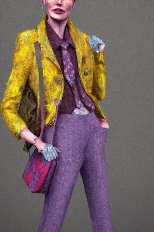 Prompt: a scene with a character wearing a super colorful muted color diy! suit, with a lot of pockets and details, vivienne westwood!, detailed photoreal render octane render, oil on canvas, watercolor