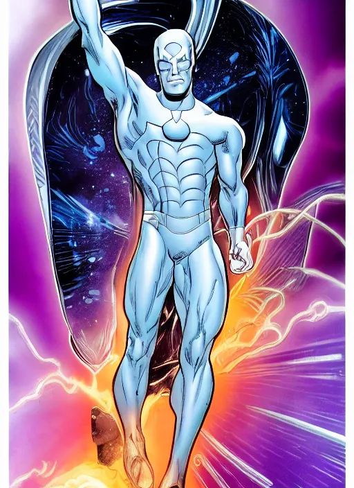 Image similar to A full portrait photo of silver surfer marvel, f/22, 35mm, 2700K, lighting, perfect faces, award winning photography.