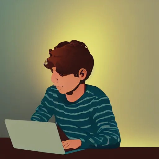 Prompt: illustration of a boy using his computer late night, low lights, dynamic lighting, strong shades, 4k