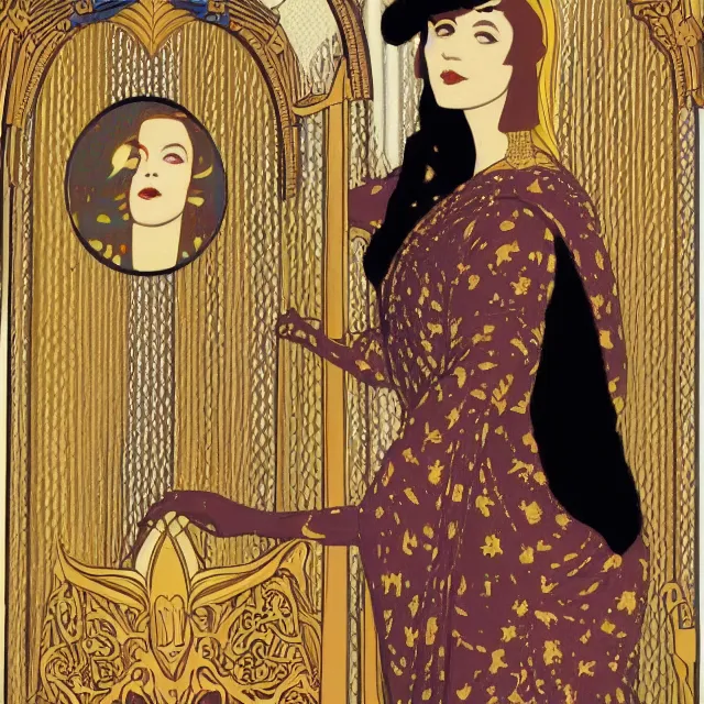 Image similar to a portrait of marina diamandis as empress queen, art by thomas cooper gotch and patrick nagel and erte, star wars art deco, art nouveau