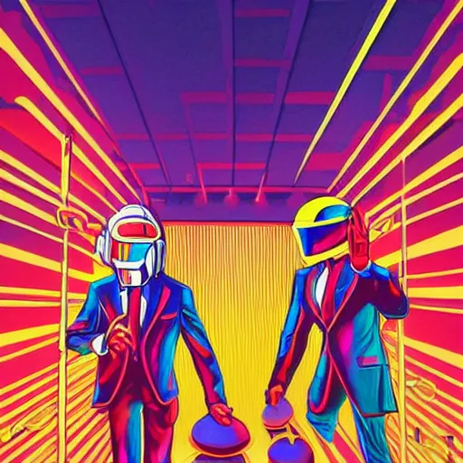 Prompt: painting of Daft Punk dancing on the stage in front of the crowd, colorful lights, illustration, artistic, hyper detailed,