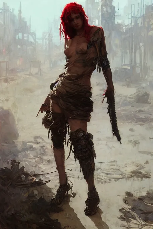 Image similar to a full body portrait of a beautiful post apocalyptic offworld butchers district bedouin blind pulp fiction scarlet wild rogue barbarian leper begging by the roadside, intricate, elegant, highly detailed, digital painting, artstation, concept art, smooth, sharp focus, illustration, art by krenz cushart and artem demura and alphonse mucha