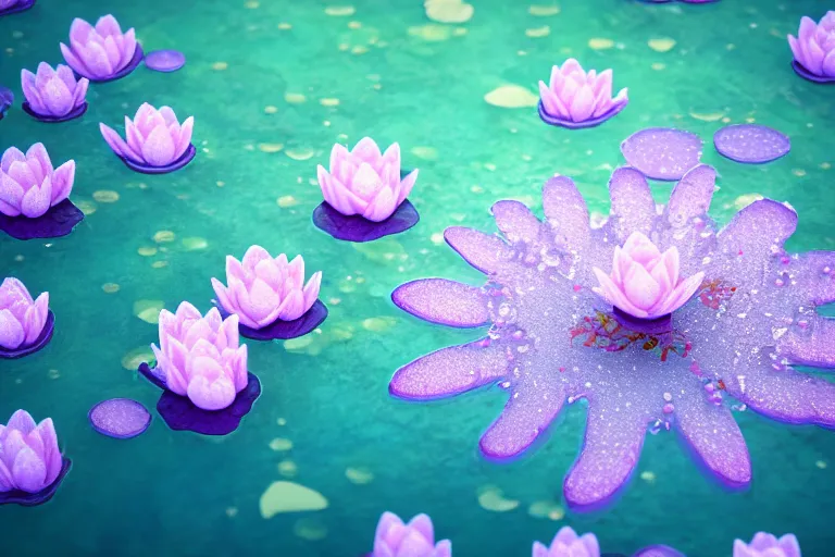 Prompt: perfume bottle standing on lillypads in a cool blue frosted pond close shot, sharp focus, global illumination, dramatic, mid day, cherry blossom background, soft lilac skies, large scale, hyperrealistic, lots of detail, realistic lighting, octane render, by wlop, artgerm, trending on artstation