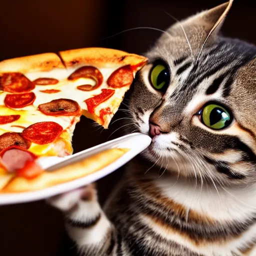 Prompt: close up of a cute cat eating pizza, off camera flash, fine hair detail, fine cat whiskers, sigma 24mm f/8