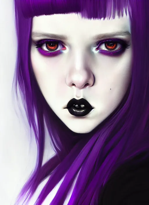 Image similar to portrait of white teenage girl, normal face, black bangs, mall goth, cyberlox, black and white hair, bangs, fluffy bangs, red contacts, purple lipstick, intricate, elegant, highly detailed, digital painting, artstation, concept art, sharp focus, smooth, illustration, art by wlop, mars ravelo and greg rutkowski