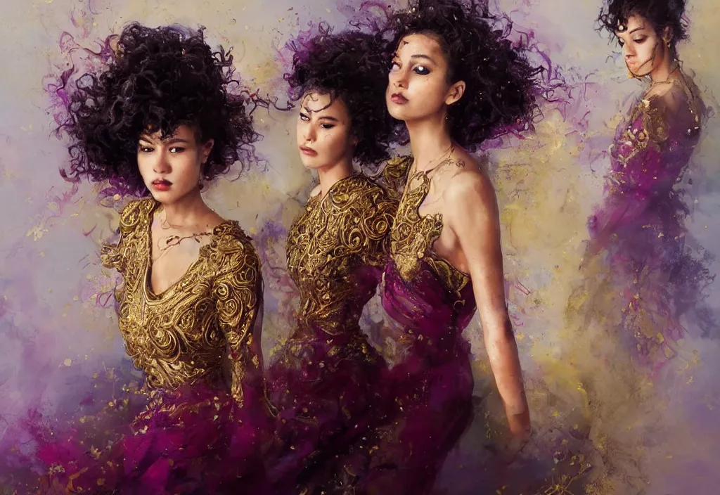 Image similar to full body portrait of a trio of 1 9 years old girl figures, curly messy high bun hairstyle, oriental tattoos, subject wearing a gold and ruby high fashion gown, flowing, ornate, beautiful, dramatic earth colors, with few vivid purple highlights, by jeremy mann and greg rutkowski, trending on artstation, oil on canvas