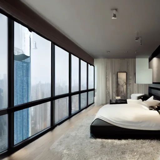 Image similar to a futuristic luxury white bedroom with ceiling high windows looking out to a cyberpunk cityscape