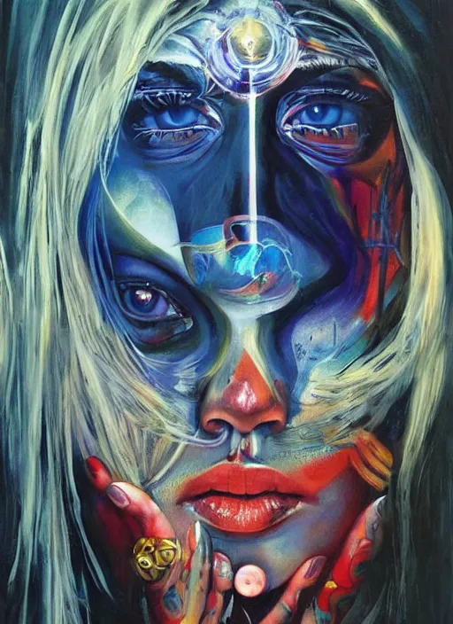 Image similar to tripping magic cult psychic woman, painted face, third eye, energetic consciousness psychedelic, epic surrealism expressionism symbolism, story telling, iconic, dark robed, oil painting, symmetrical face, dark myth mythos, by sandra chevrier, bruce pennington, masterpiece