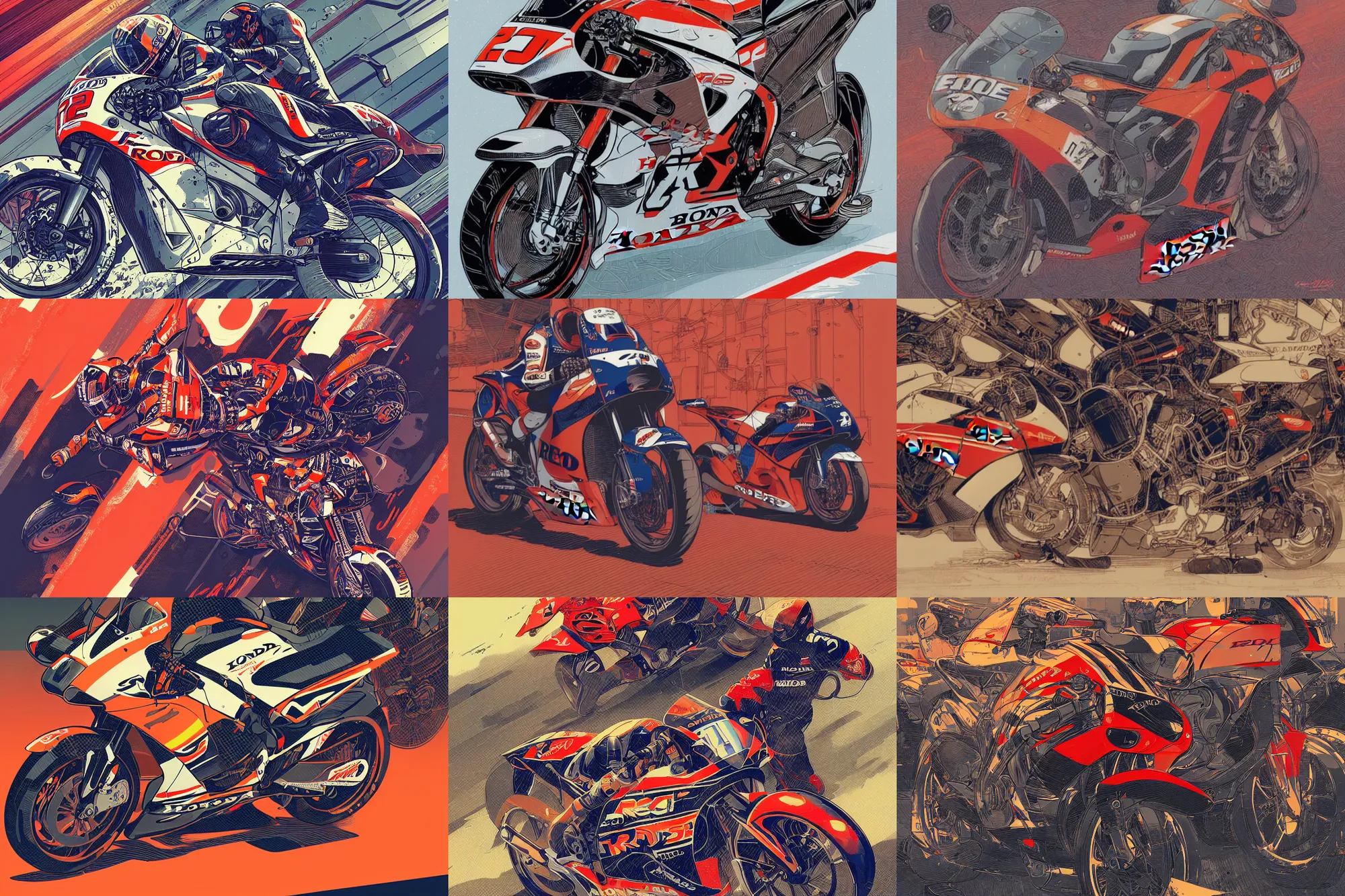 Prompt: honda rc 2 1 3, repsol honda, jerez, behance hd artstation loish and laurie greasley, victo ngai, andreas rocha, john harris