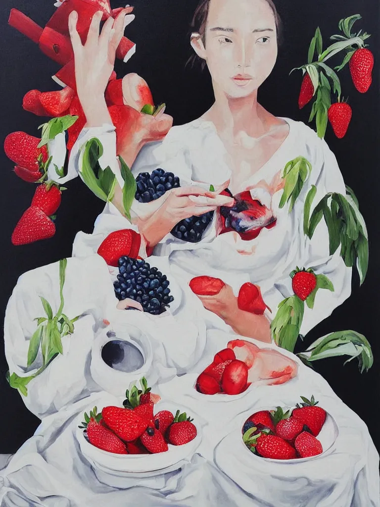 Image similar to “art in an Australian artist’s apartment, portrait of a woman wearing white cotton cloth, eating luscious fresh raspberries and strawberries and blueberries, white wax, edible flowers, Japanese pottery, ikebana, black walls, acrylic and spray paint and oilstick on canvas”