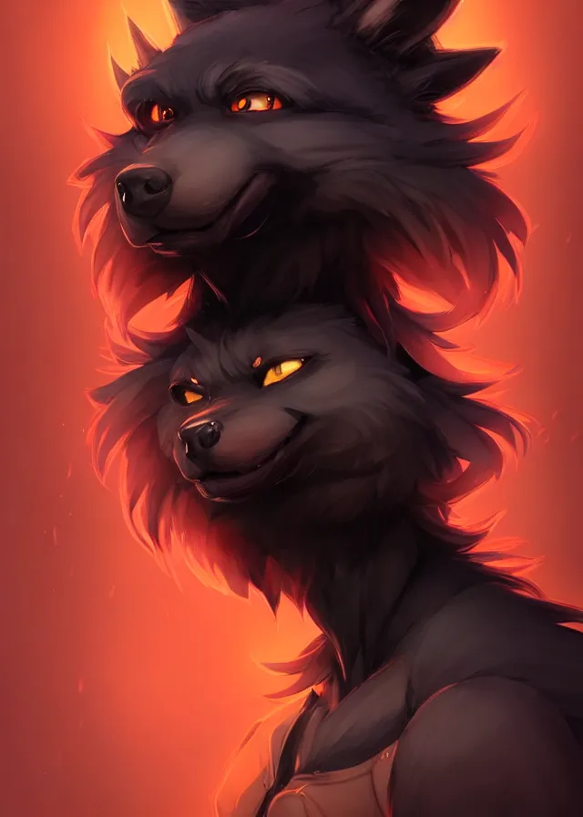 Image similar to character concept art of a black anthropomorphic male furry wolf long red hair | | cute - fine - face, pretty face, key visual, realistic shaded perfect face, fine details by stanley artgerm lau, wlop, rossdraws, james jean, andrei riabovitchev, marc simonetti, and sakimichan, trending on artstation