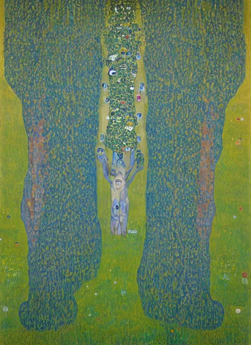Prompt: a landscape painting of a cognitive optical illusion of trees, with four people who are trees in the foreground making extreme dynamic poses painted by gustav klimt