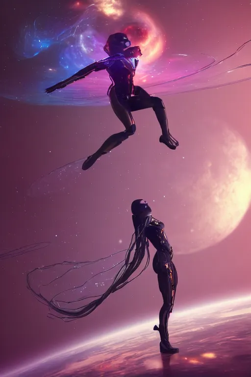 Prompt: woman cyborg floating in space letting go of reality and experiencing the quantum feild, matte painting comic book art, cinematic, highly detailed, realistic, beautiful cosmic neural network, octane render, unreal engine, depth of field, trending on artstation, sharp focus, philosophical splashes of colors