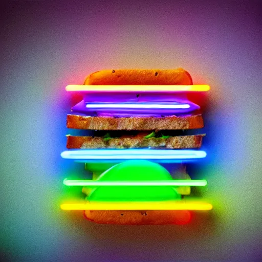 Prompt: an extremely high quality photo of a surreal neon-lightsaber-sandwich, ((sandwich)) creation, a hybrid mixture of lightsabersandwich filled with lightsaber neons and sandwichlightsaberneontube patties, neon tubesauce drizzled, lightsaber lettuce, glowing sandwich, promotional photo, 4k polymer clay food photography