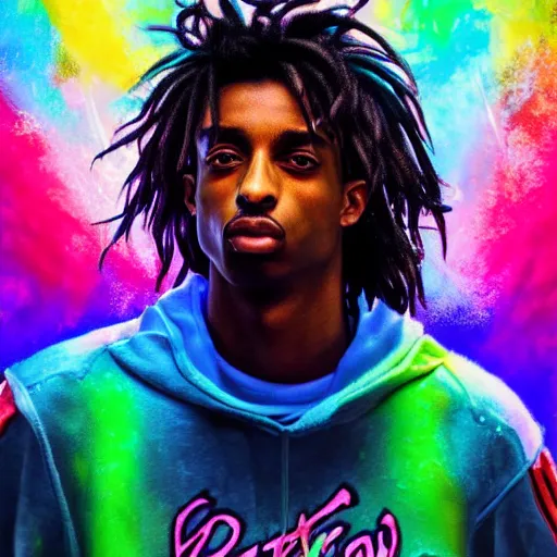 Image similar to playboi carti, photorealistic, hyper realistic, very detailed, detailed face, full body shot, 8 k, hd, neon colors, over saturated colors, wok, cluttered background with hype things, rainbows,